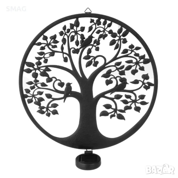 Соларно декоративно дърво с птици Черен метал Ø40см S_1237117, снимка 1