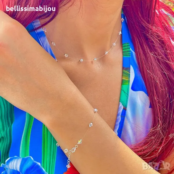 Комплект Гривна и Колие на Прозрачна Корда с Кристали Сваровски, снимка 1