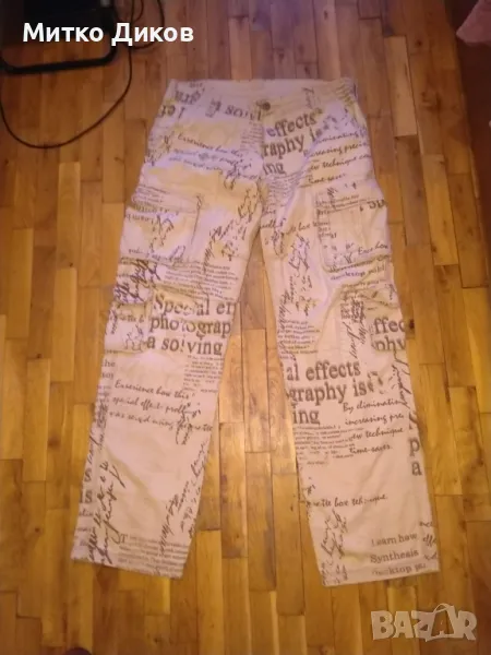 Дънки тип принт вестник хавайски пламук леки отлични размер Л-50, снимка 1