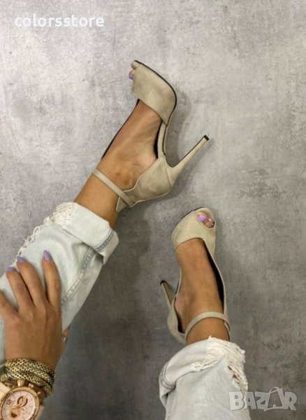 Летни боти на ток - бежов велур - ST31, снимка 1