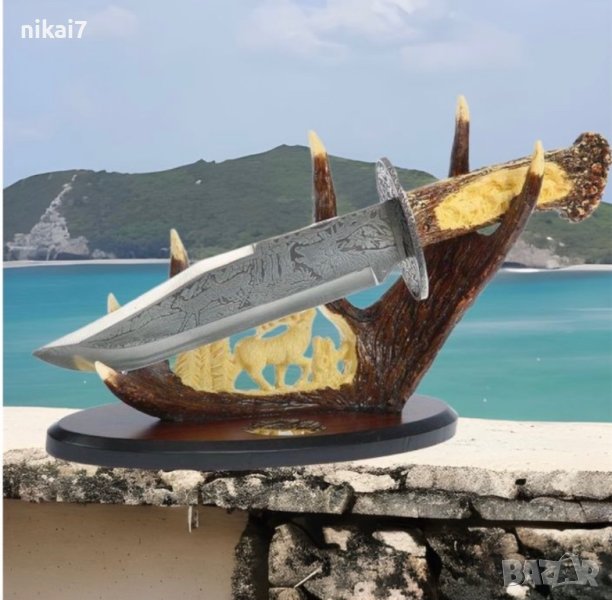 ловен нож колекционерски нож сувенир подарьк трофейна поставка 38,5CM, снимка 1