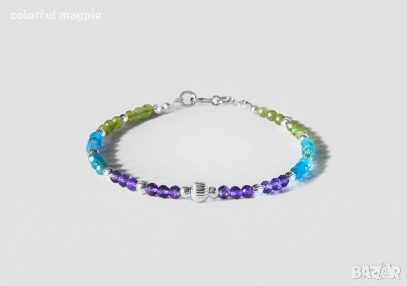 Многоцветна сребърна гривна с естествени камъни - аметист, гранат, апатит, снимка 1