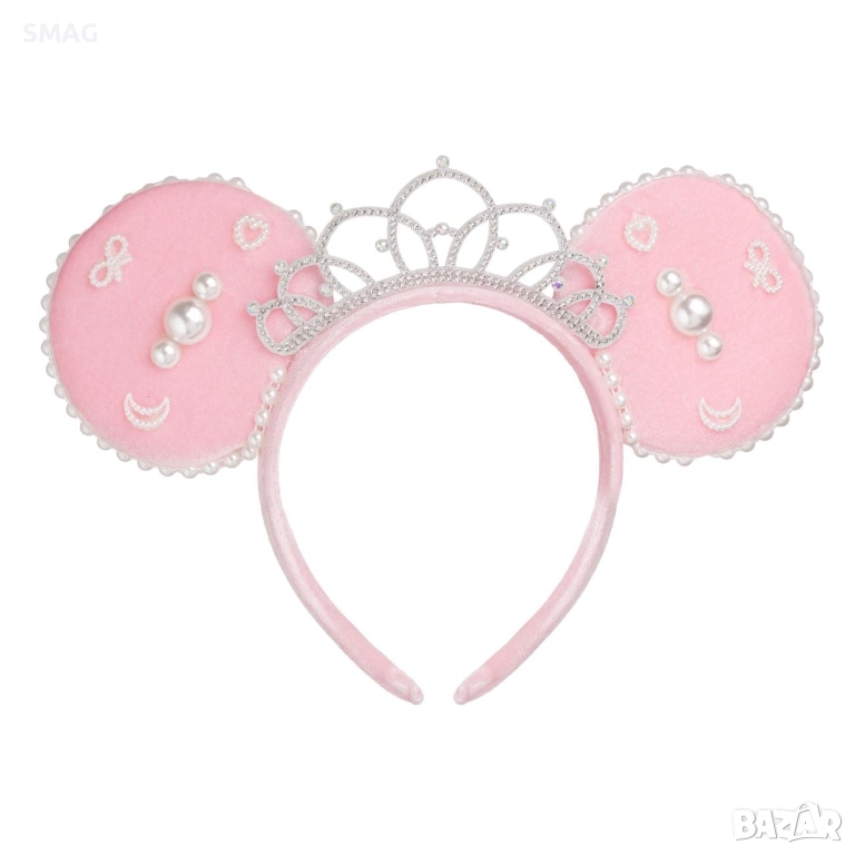 Карнавална диадема, розова, с ушички и корона_1242801, снимка 1