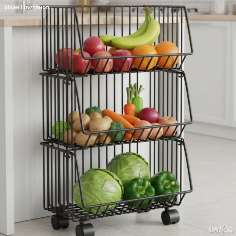 Практичен стелаж на колелца с 3 нива - компактно решение за кухня, антре и детска стая, снимка 1