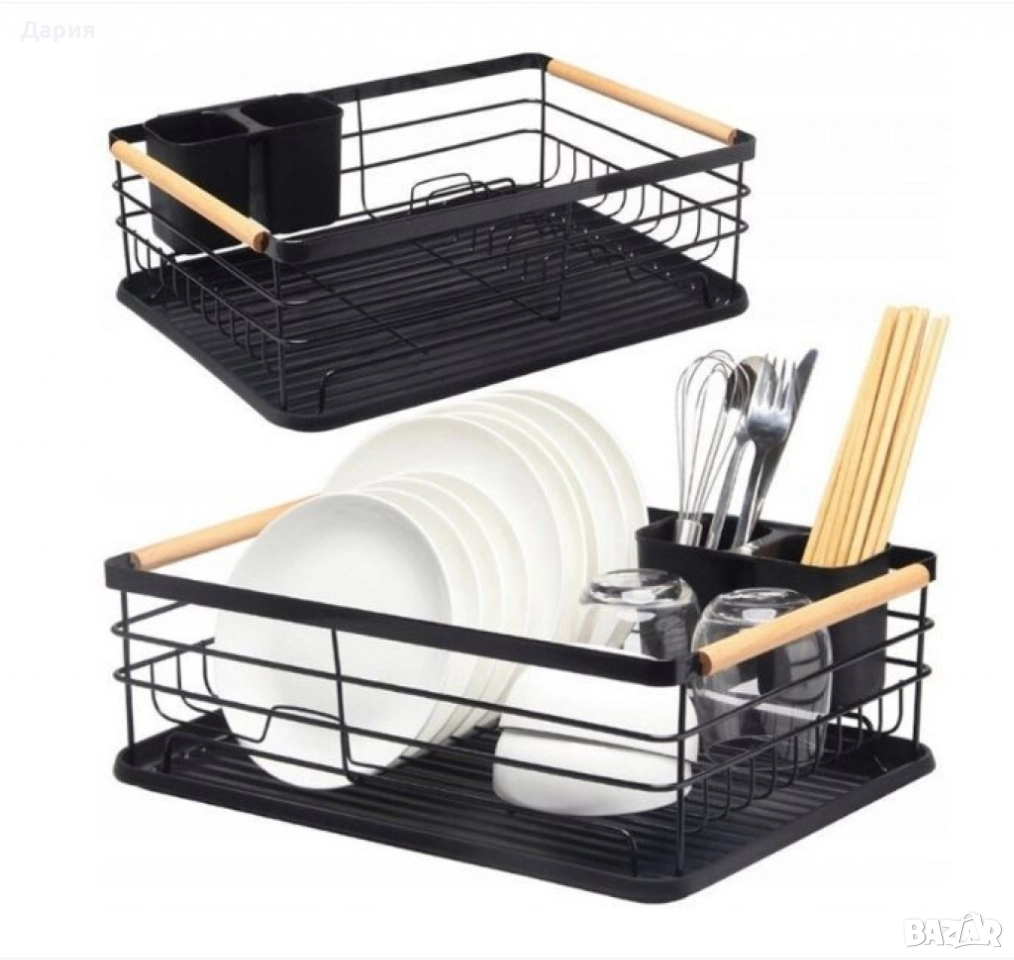 Сушилник за съдове Rosberg, 1 ниво, 43x31.5x14 см, Бежов/Черен, с дървени дръжки, снимка 1