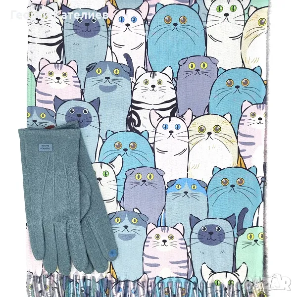 Шал на котки и ръкавици-Луксозен дамски зимен комплект Код на продукта:DAK-17, снимка 1