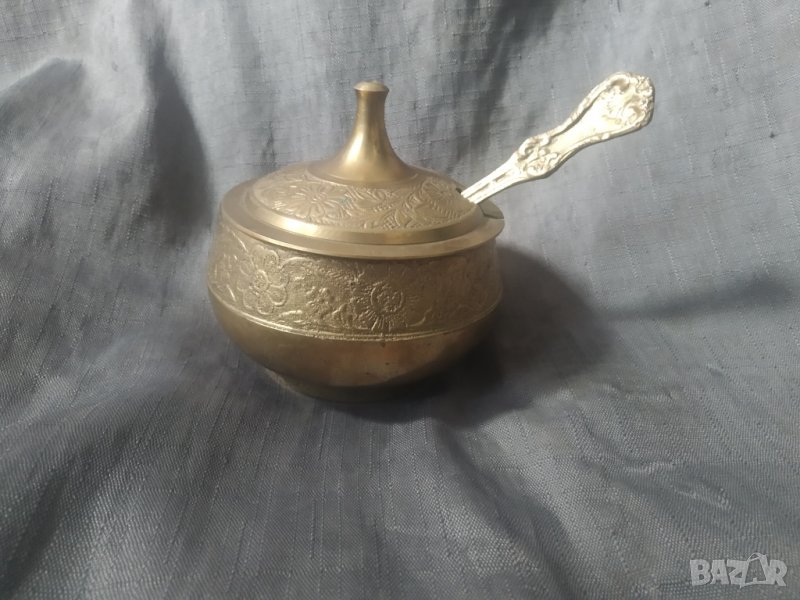 месингова захарница с лъжичка, снимка 1
