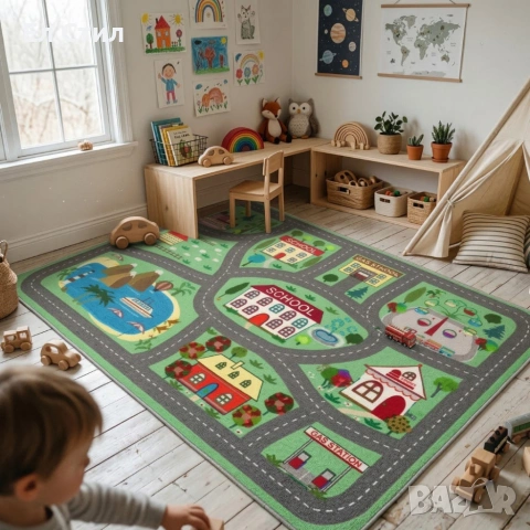 Детски килим за игра 120х160см - Зелен килим с училище и пътища, противоплъзгащ и миещ се, снимка 3 - Други - 53928210