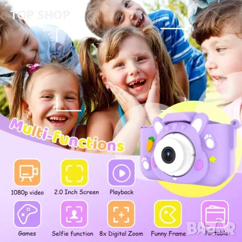 Детска камера 1080P HD 2,0-инчов екран с 32GB карта, лилава, снимка 6 - Образователни игри - 49937585