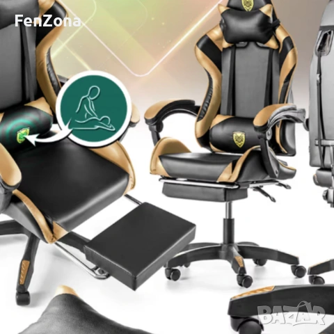 Черен геймърски стол с златисти акценти и разтегляема поставка за крака – луксозен комфорт без компр, снимка 3 - Столове - 54096553