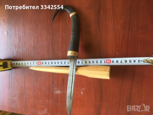 НОЖ ОСТРИЕ С ДРЪЖКА ОТ РОГ НА ДИВА КОЗА И ДЪРВЕНА КАНИЯ, снимка 1