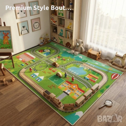 Детски килим за игра 120х160см - Яркозелен килим с влак и релси, противоплъзгащ и миещ се