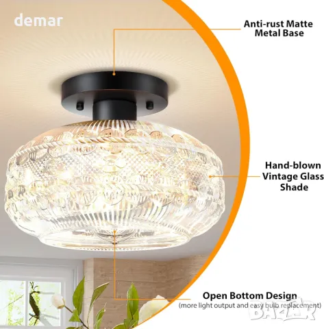 Полуизравнена таванна лампа APOTO, черна, глобус стъклен абажур, крушка не е включена, снимка 3 - Лампи за таван - 48851695