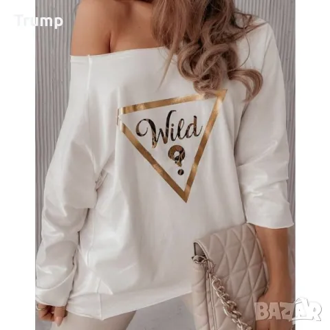 Черен петък! - 40% блуза с паднало рамо и щампа, снимка 2 - Блузи с дълъг ръкав и пуловери - 48083054