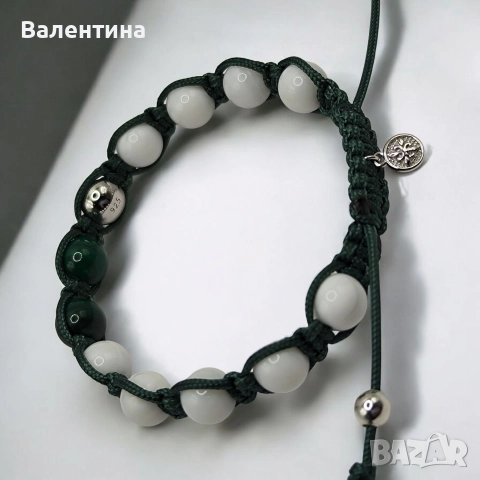 Дамска/мъжка гривна малахит, седеф и 925 сребро, снимка 2 - Гривни - 52694848