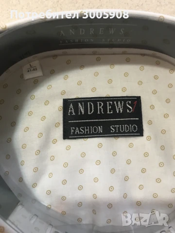 Риза Andrews 100 % памук, бяла на златни или лилави кръгчета, L (41-42), снимка 2 - Ризи - 50963820