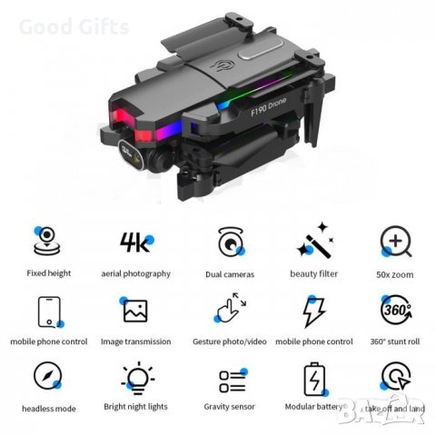 F190 WIFI FPV дрон с широкоъгълна HD 4K 1080P камера с фиксиране , RC сгъваем квадрокоптер дрон, снимка 3 - Дронове и аксесоари - 38201303