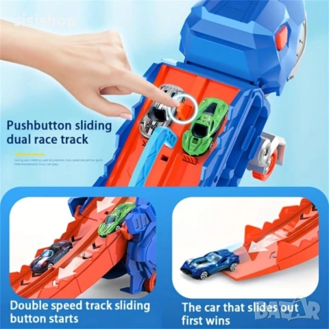 2-в-1 Камион Писта „Син Тиранозавър“ с 8 Колички за Екстремни Състезания 4793, снимка 6 - Коли, камиони, мотори, писти - 53983810