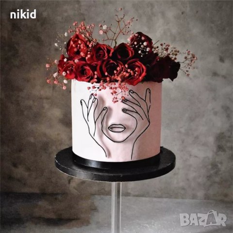 4 вид Абстрактно дамско лице с ръце контур черен топер украса декор торта, снимка 3 - Други - 37668032