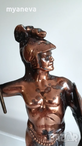 Ахил с щит и копие, стара , метална статуетка върху мраморен постамент, снимка 2 - Статуетки - 54207701