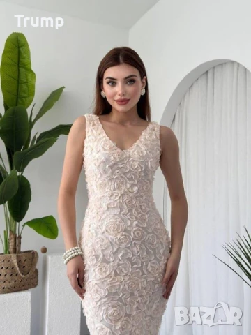 Елегантна дълга рокля,3D цветя, нежно екрю, снимка 5 - Рокли - 50614853