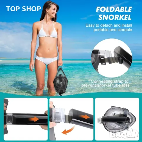 KUYOU Цялолицева маска за гмуркане с шнорхел, с най-новата дихателна система Dry Top, сгъваема 180°, снимка 7 - Водни спортове - 49333100