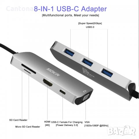 MOKiN USB Type-C Hub  8 в 1, 3xUSB 3.0, HDMI, VGA, /TF/SD четец на карти, PD - 100W, снимка 2 - Други - 33936559
