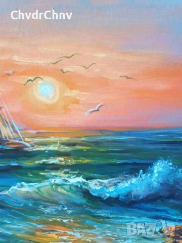 Димитър Генев 33x27см/малка българска картина масло върху платно/морски пейзаж/лодка-залез, снимка 4 - Картини - 51153029