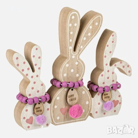 Великденска настолна декорация с 3 зайчета на точки и надпис „Happy Easter", 15×2×15см_1233626, снимка 2 - Декорация за дома - 54224684
