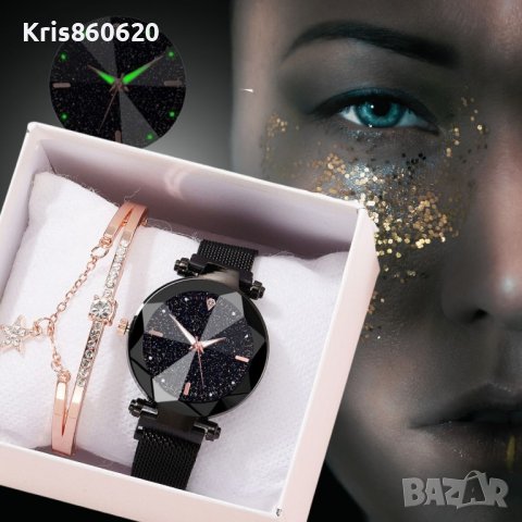 Луксозен дамски часовник „звездно небе“ тип гривна. Цветове - черен!, снимка 2 - Дамски - 44263963