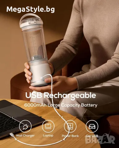 Преносим блендер Sangcon за шейкове и смутита, 6000mAh безжичен USB-C акумулаторен блендер, снимка 5 - Блендери - 55796801
