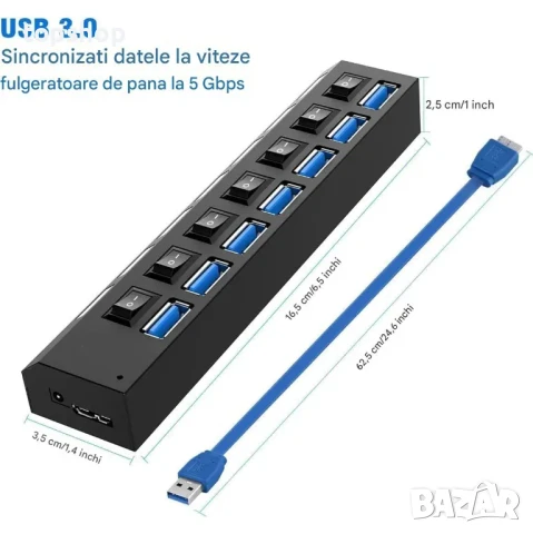 НОВ USB 3.0 хъб, 7 в 1, Малък и преносим, 7 порта, за пътуване, офис, дома, OUYLAF, Черен, снимка 2 - Кабели и адаптери - 50542392