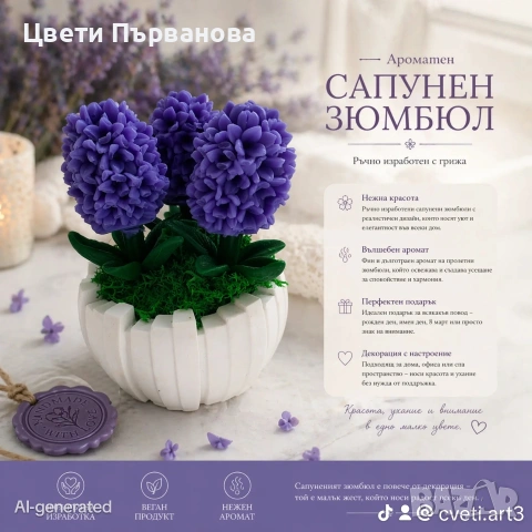 сапунени зюмбюли керамична кашпа, ръчна изработка, силно ароматизирани.