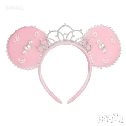 Карнавална диадема, розова, с ушички и корона_1242801