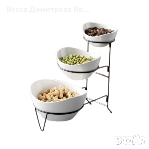 Комплект 3 керамични купи на три нива с метална стойка, снимка 3 - Сервизи - 53913219
