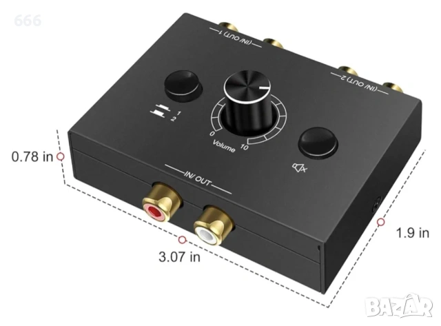 Стерео аудио превключвател с кабел, Метален, 7.8x4.8x2cm, Черен, снимка 2 - Друга електроника - 54030768