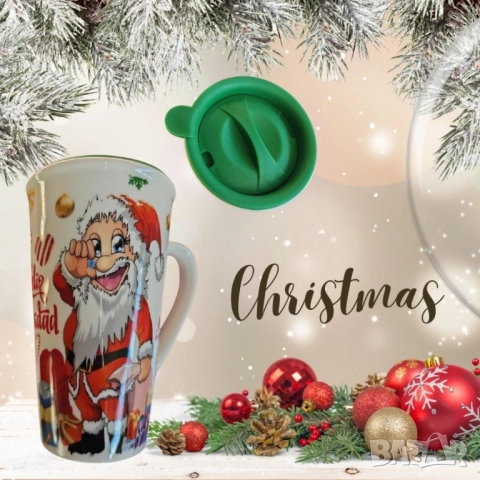 Коледна порцеланова чаша с гумен капак 15см височина, снимка 5 - Чаши - 52002349