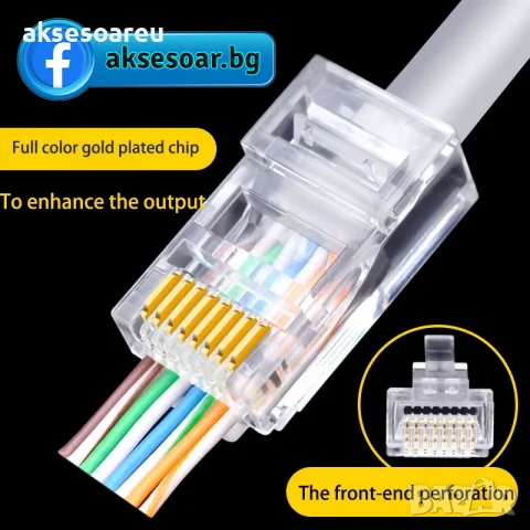 Комплект от 20 броя RJ45 CAT6/CAT5e конектори позлатени 8P8C модулни щекери UTP FTP Ethernet мрежи, снимка 8 - Кабели и адаптери - 56224975