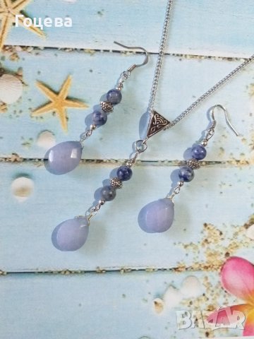 Новият ни Бохо шик комплект бижута обеци и колие с Аквамарин и Содалит и орнаменти цвят сребро, снимка 4 - Бижутерийни комплекти - 38162721