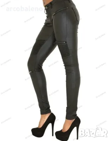 Дамски тесни кожени панталони с мотоциклетна визия с няколко ципа, снимка 3 - Панталони - 47273591