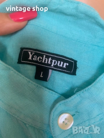 Ленена мъжка риза Yachtpur в цвят тюркоаз, размер L, снимка 5 - Ризи - 53928382
