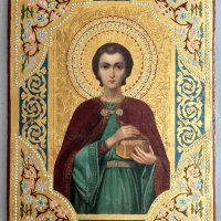 19 Век! Руска, ръчно рисувана върху злато, икона на Свети Пантелеймон, снимка 1 - Антикварни и старинни предмети - 39710766