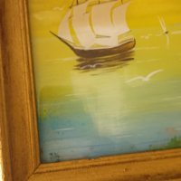 красива картина пейзаж рисувана от вътрешната страна на стъклото със дървена винтидж рамка , снимка 18 - Антикварни и старинни предмети - 44398853