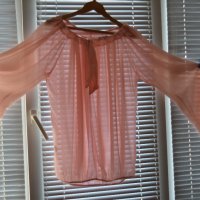 Бледо розова тюлена риза с връзване на яката, снимка 1 - Ризи - 42150955