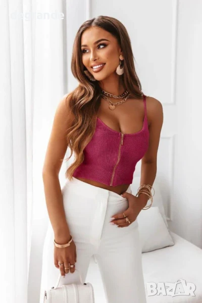 Изчистен дамски потник рипс с цип цвят циклама, снимка 1