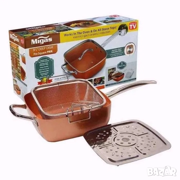 Migas Copper Pan квадратен тиган със стъклен капак-5 начина на готвене, снимка 1