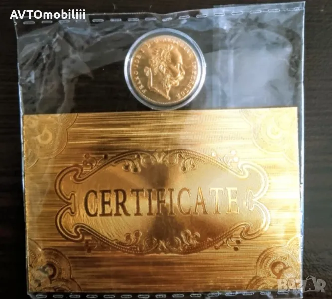 Позлатен 1 Дукат 1915 година с позлатен 24 каратов сертификат , снимка 1
