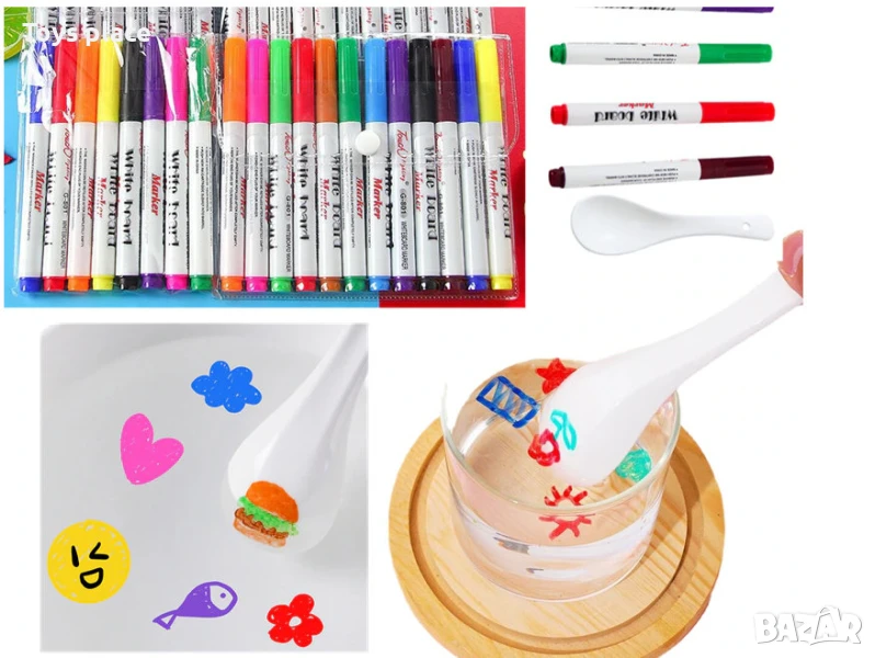 Комплект флумастери за рисуване върху вода с лъжичка-, снимка 1