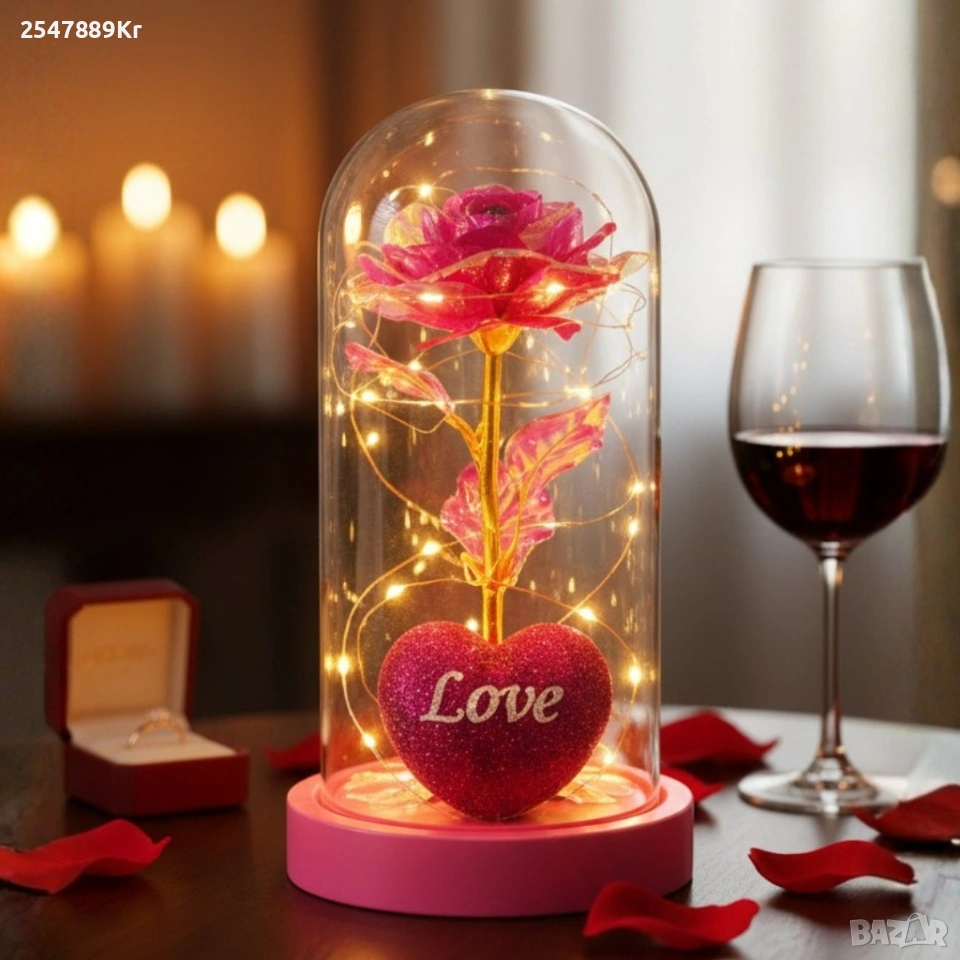 Светеща декоративна роза в купол - Светлина, романтика и любов, снимка 1