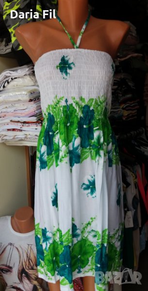 Бяла рокля на зелени цветя с тънки презрамки и ластично бюстие в горната си , снимка 1